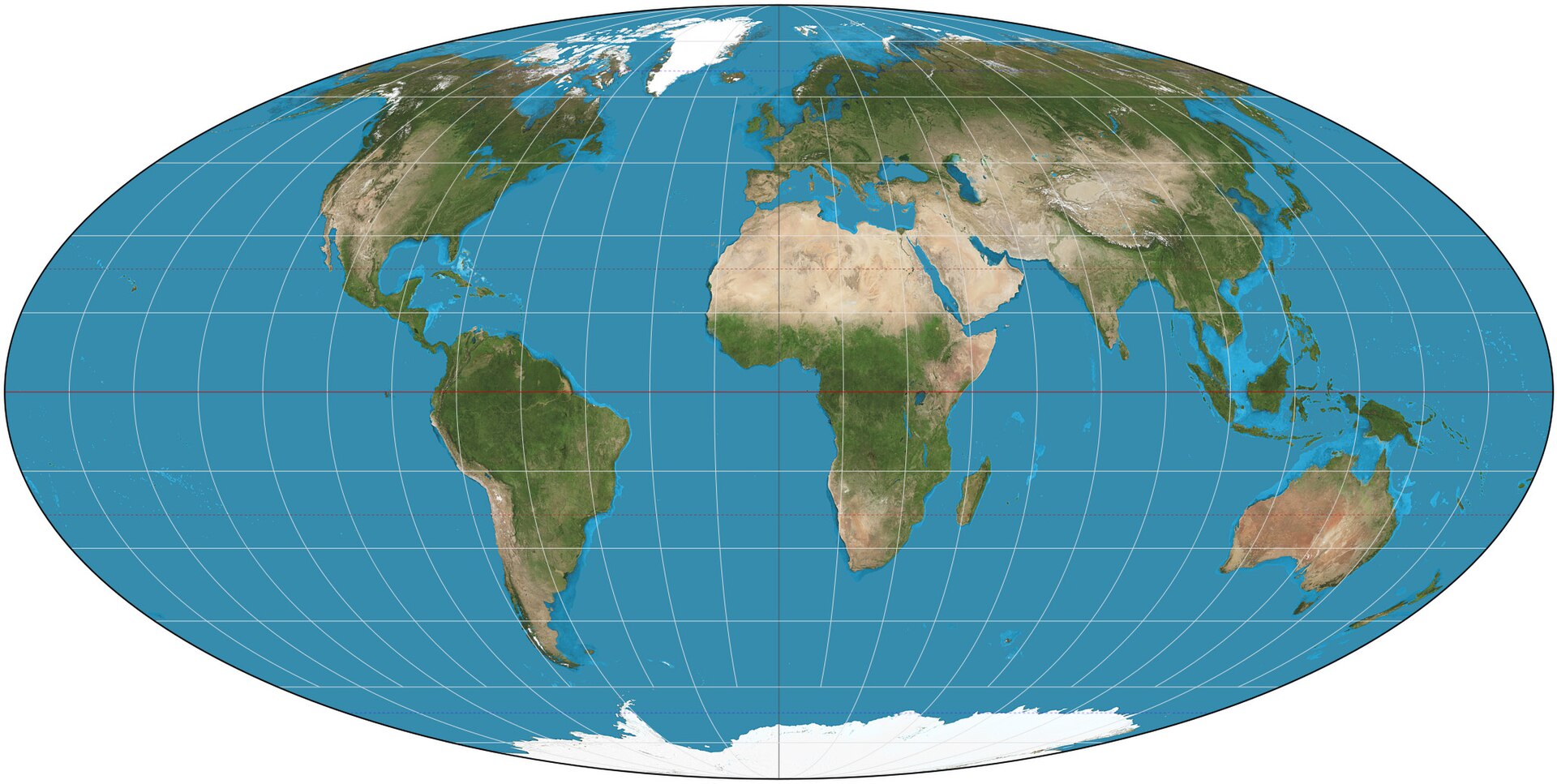 The world on Mollweide projection. 15° graticule. Imagery is a derivative of NASA’s Blue Marble summer month composite with oceans lightened to enhance legibility and contrast. Image created with the Geocart map projection software.