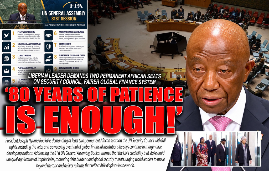Líder liberiano exige dois assentos permanentes africanos no Conselho de Segurança e um sistema financeiro global mais justo