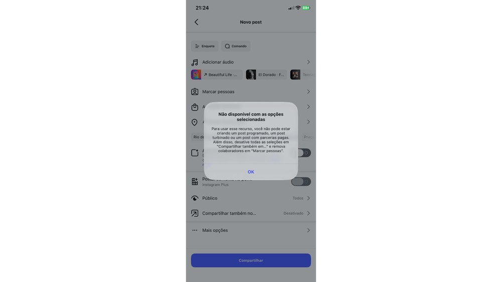 Opção “Postar somente no meu perfil” apareceu na conta, mas o Instagram exibiu um aviso de incompatibilidade com as configurações selecionadas — Foto: Reprodução/Instagram