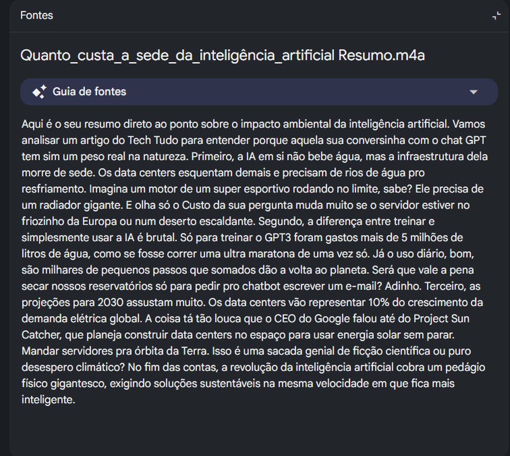 Transcrição do podcast resumido gerado pelo Gemini Notebook — Foto: Reprodução/Gabriel Pereira