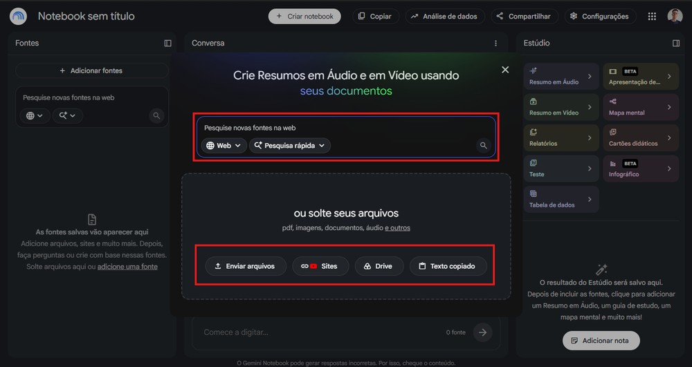O Gemini Notebook permite que o usuário forneça diferentes fontes — Foto: Reprodução/Gabriel Pereira