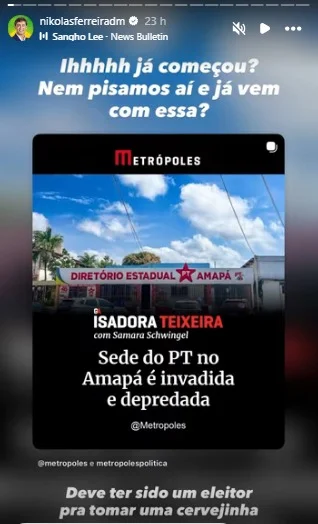 Nikolas reage à invasão do PT: "Deve ter sido eleitor para tomar cerveja"
