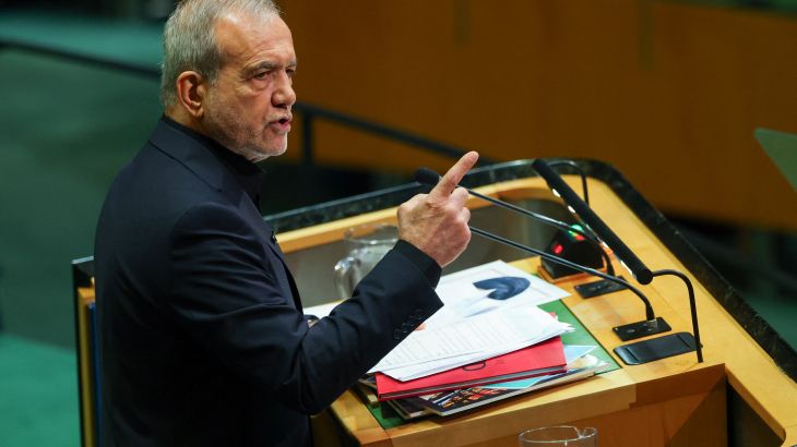 Iran's President Masoud Pezeshkian addresses the 81st United Nations General Assembly (UNGA) at UN headquarters in New York City, US, September 23, 2026. REUTERS/MIKE SEGAR