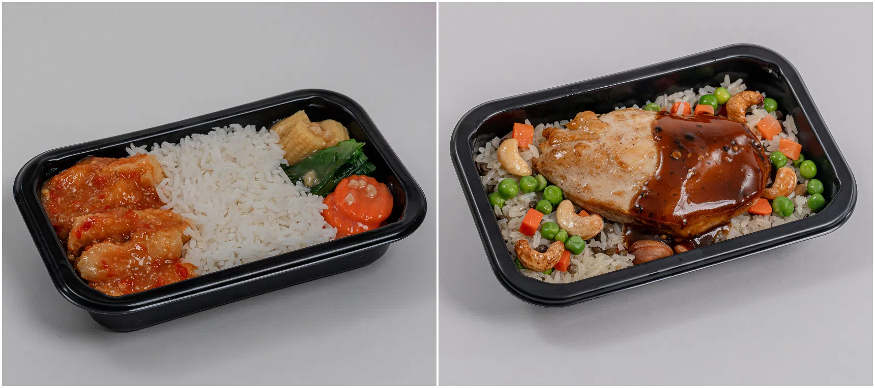 Economy-class passengers can take their pick from new dishes like oriental-style fish with yellow bean sauce (left) and roasted chicken breast.