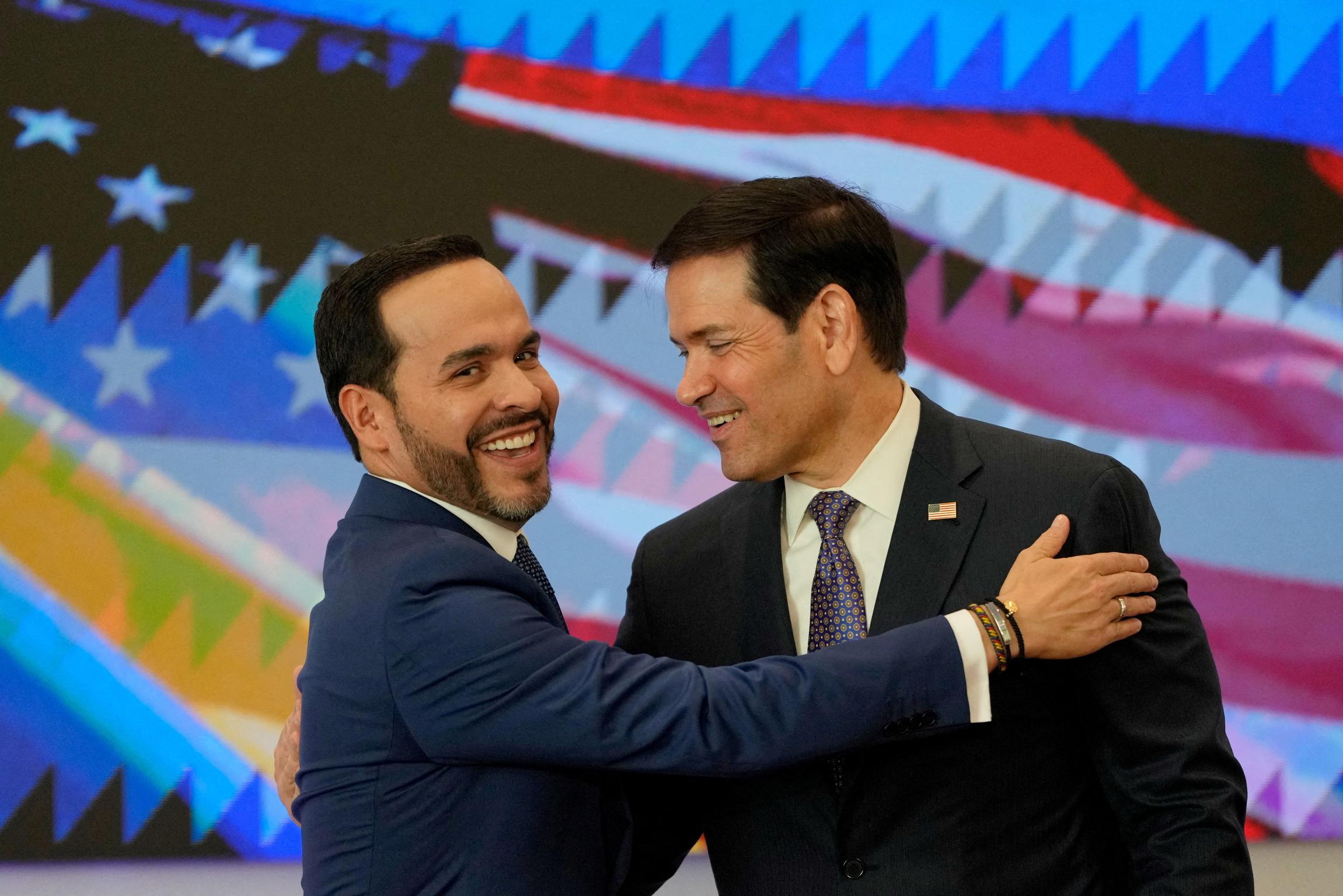 Colombian President Abelardo De La Espriella and US Secretary of State Marco Rubio embrace during a bilateral agreement signing ceremony in Barranquilla, Colombia, September 8, 2026.