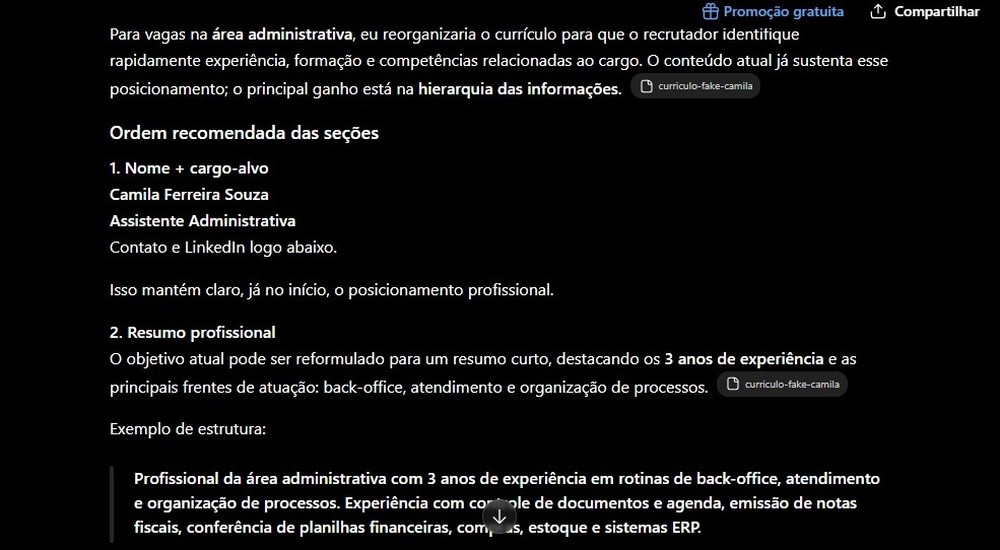 Currículo feito sob medida para tipo de vaga especificada ao ChatGPT — Foto: Diedrich Bader/TechTudo