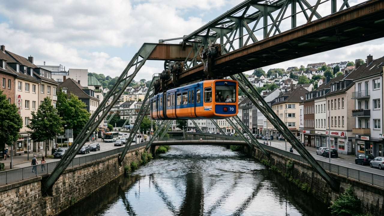 Uma cidade alemã mantém um trem pendurado sobre as ruas e o rio há mais de um século, com 13,3 quilômetros de trilhos suspensos e 20 estações