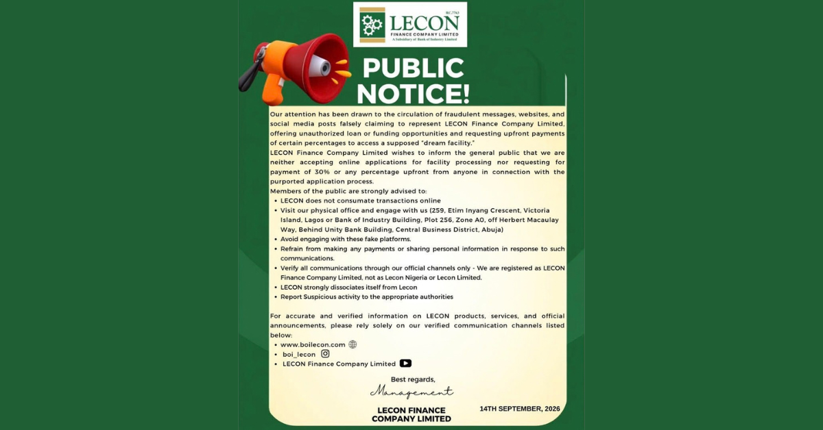 A LECON Finance Company Limited alerta o público contra ofertas de empréstimos fraudulentas e falsificação de identidade.