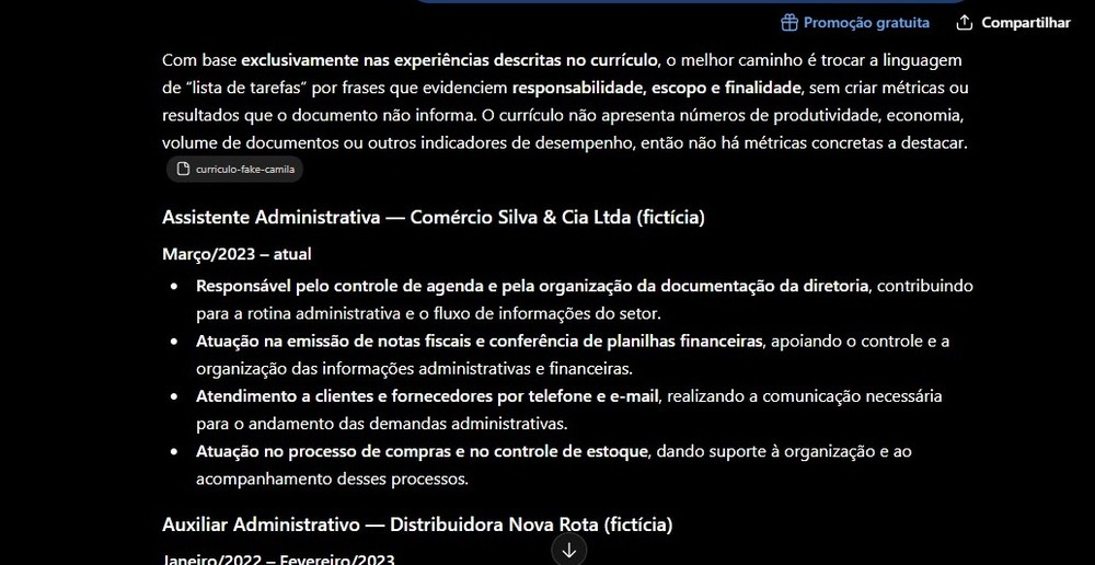 Prompt apresentado ao ChatGPT para transformar expêriencias em descrições completas — Foto: Diedrich Bader/TechTudo