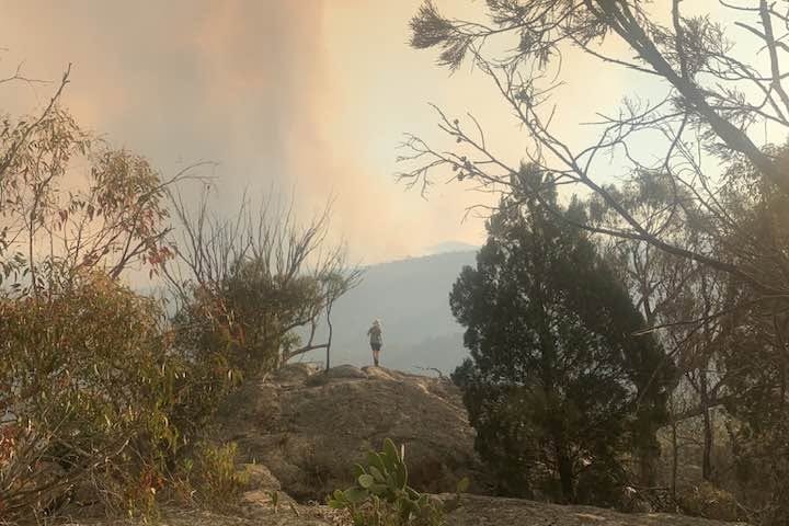 Woman standing on a mound looking at bushfire smoke that is off into the distance.
