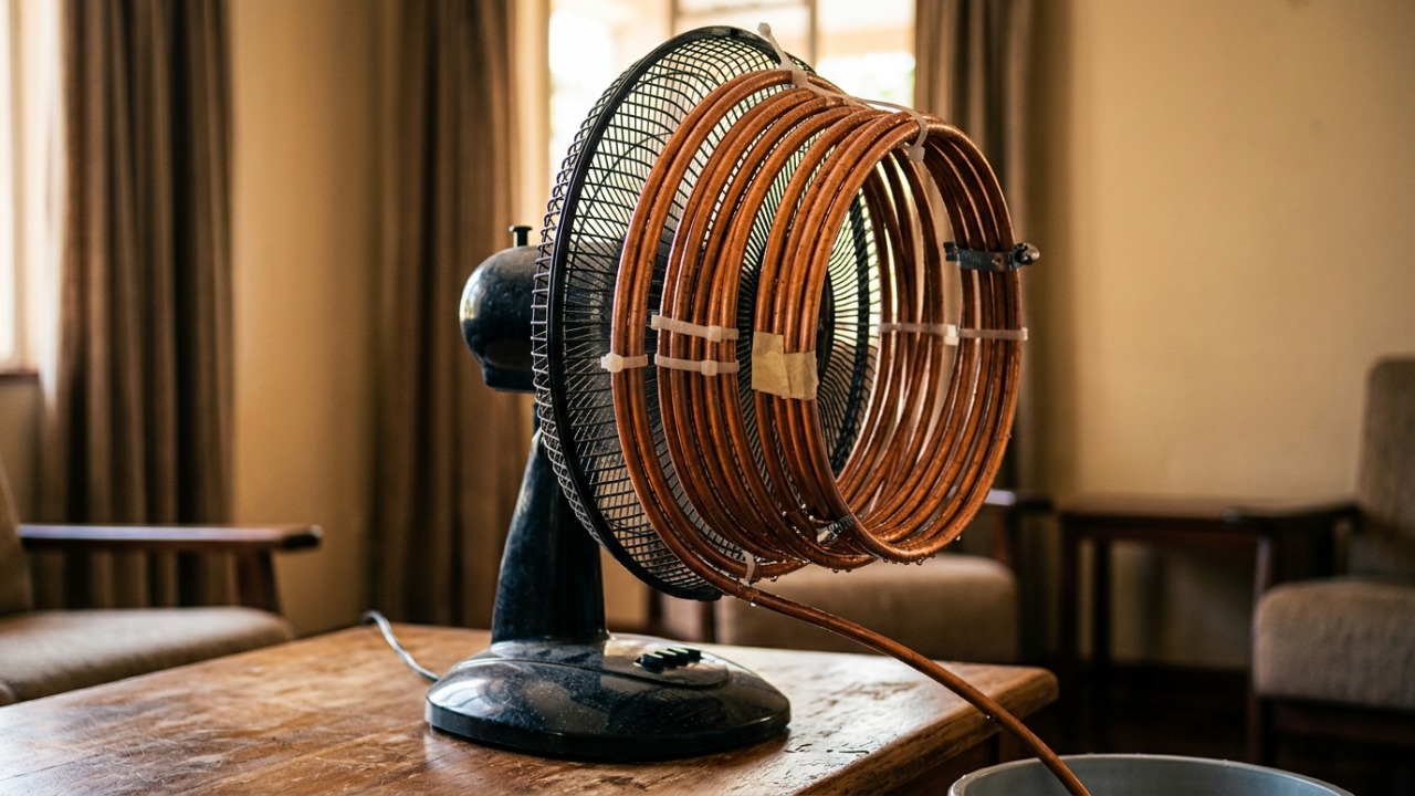 A gambiarra do cano de cobre enrolado atrás do ventilador que gela o quarto como um ar-condicionado: a água fria corre pela serpentina e o ventilador empurra o ar frio pelo cômodo