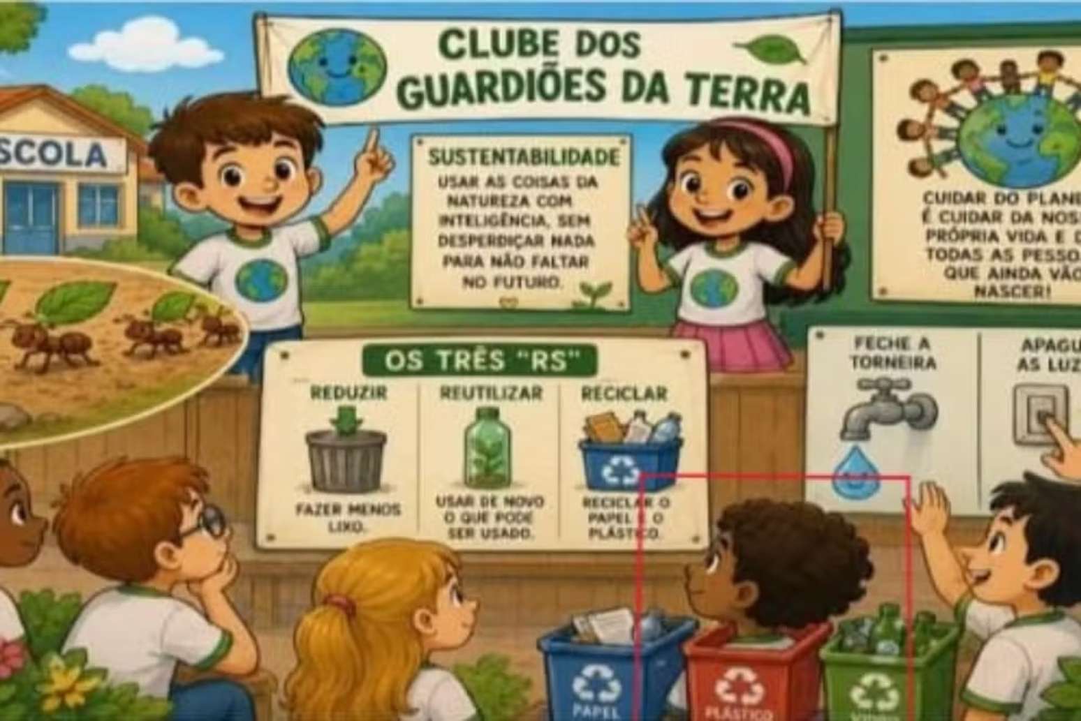 Atividade distribu&iacute;da pela Prefeitura de Itapecerica da Serra a alunos do 3&ordm; ano mostra menino negro dentro de lixeira em ilustra&ccedil;&atilde;o.