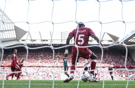 Jérémy Jacquet clears the ball from the Liverpool line during the Premier League match against Fulham.