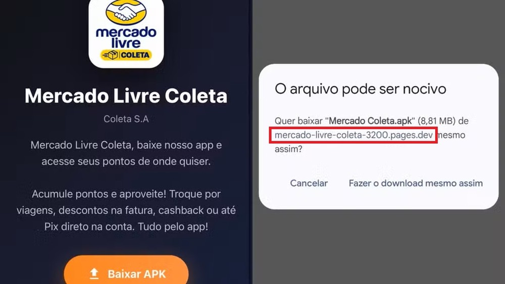 Site falso orienta a instalação de um APK no celular — Foto: Reprodução