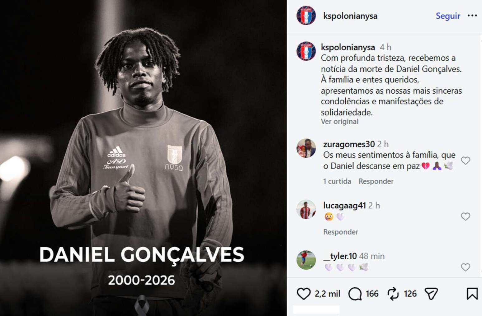 Polonia Nysa postou a not&iacute;cia da morte de Daniel nas redes sociais &ndash;