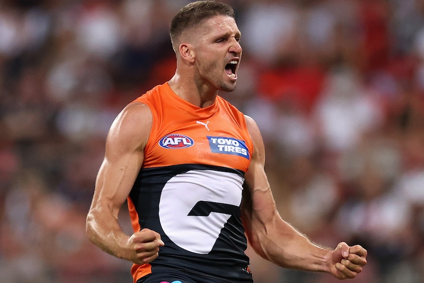 Jesse Hogan celebrates a goal with the GWS Giants