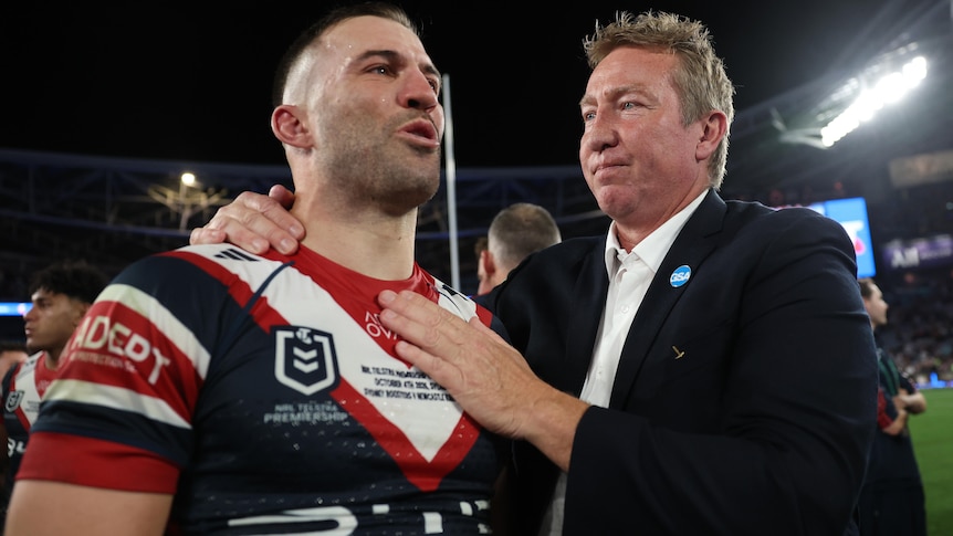 Trent Robinson and James Tedesco after Sydney Roosters won 2026 NRL grand final.