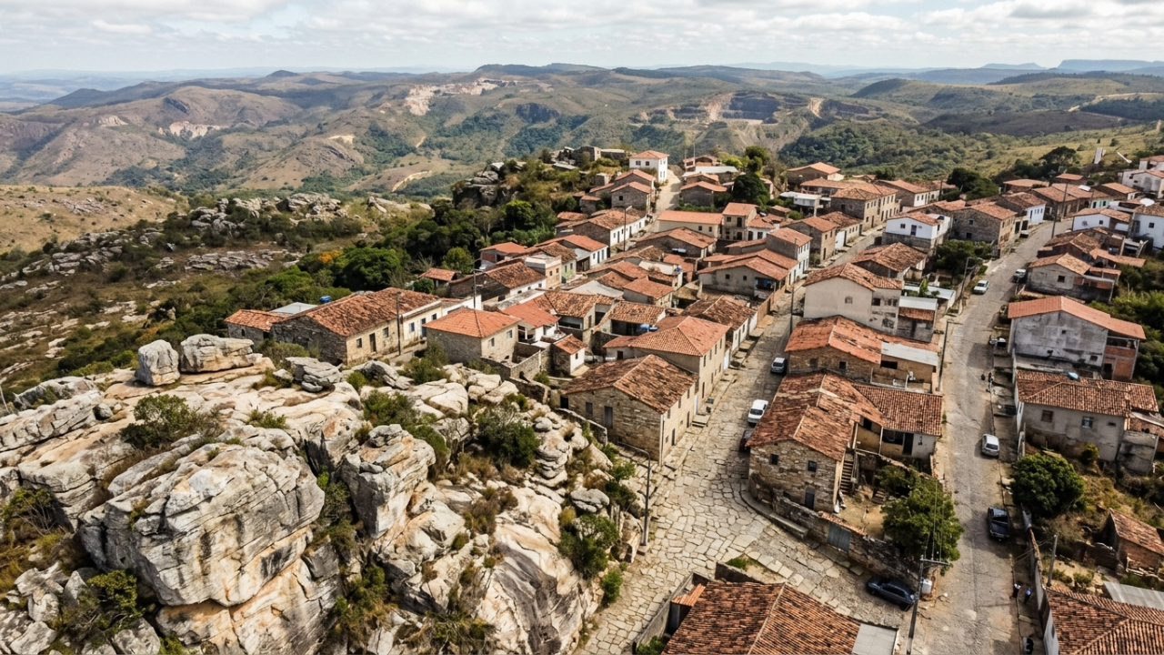 Uma cidade mineira construída sobre quartzito transformou a própria pedra das montanhas em casas, igrejas, artesanato e identidade turística