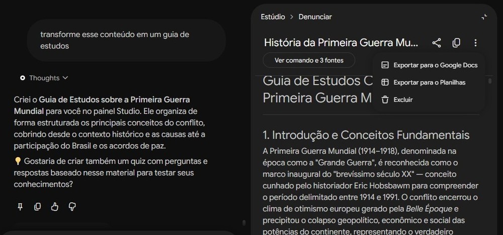 O Gemini Notebook fornece a função de exportar um guia de estudos direto para o Google Docs de graça — Foto: Diedrich Bader/TechTudo