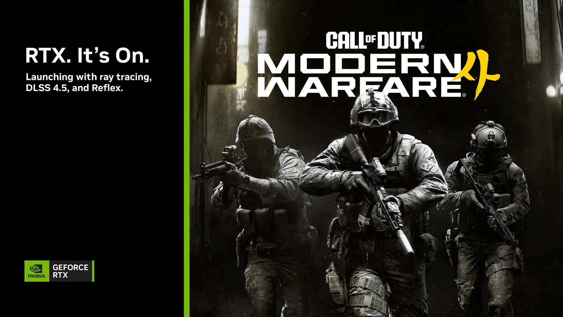 Call of Duty: Modern Warfare 4 key art with three operators next to NVIDIA GeForce RTX branding for DLSS 4.5, ray tracing, and Reflex