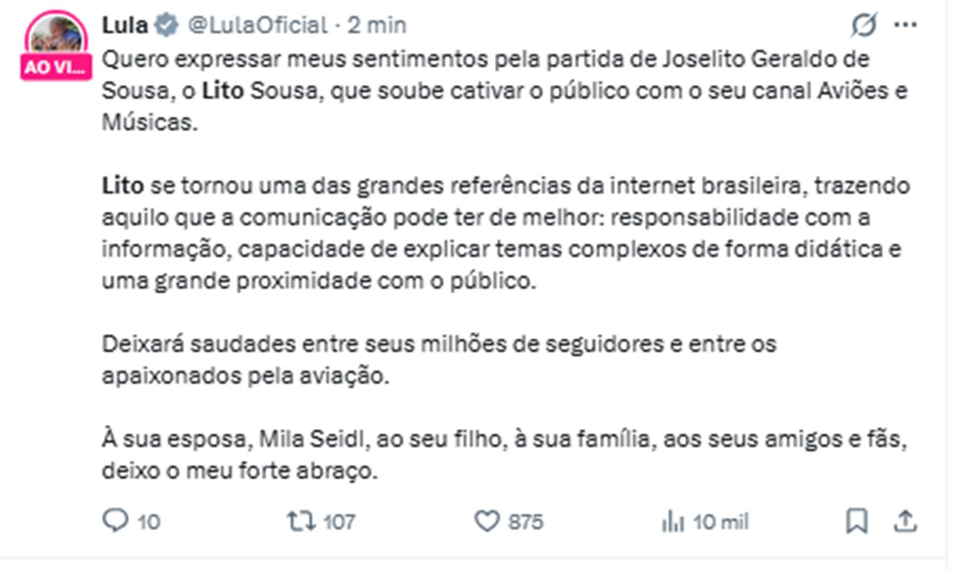 Lula presta homenagem a Lito Sousa após morte do youtuber: leia a nota