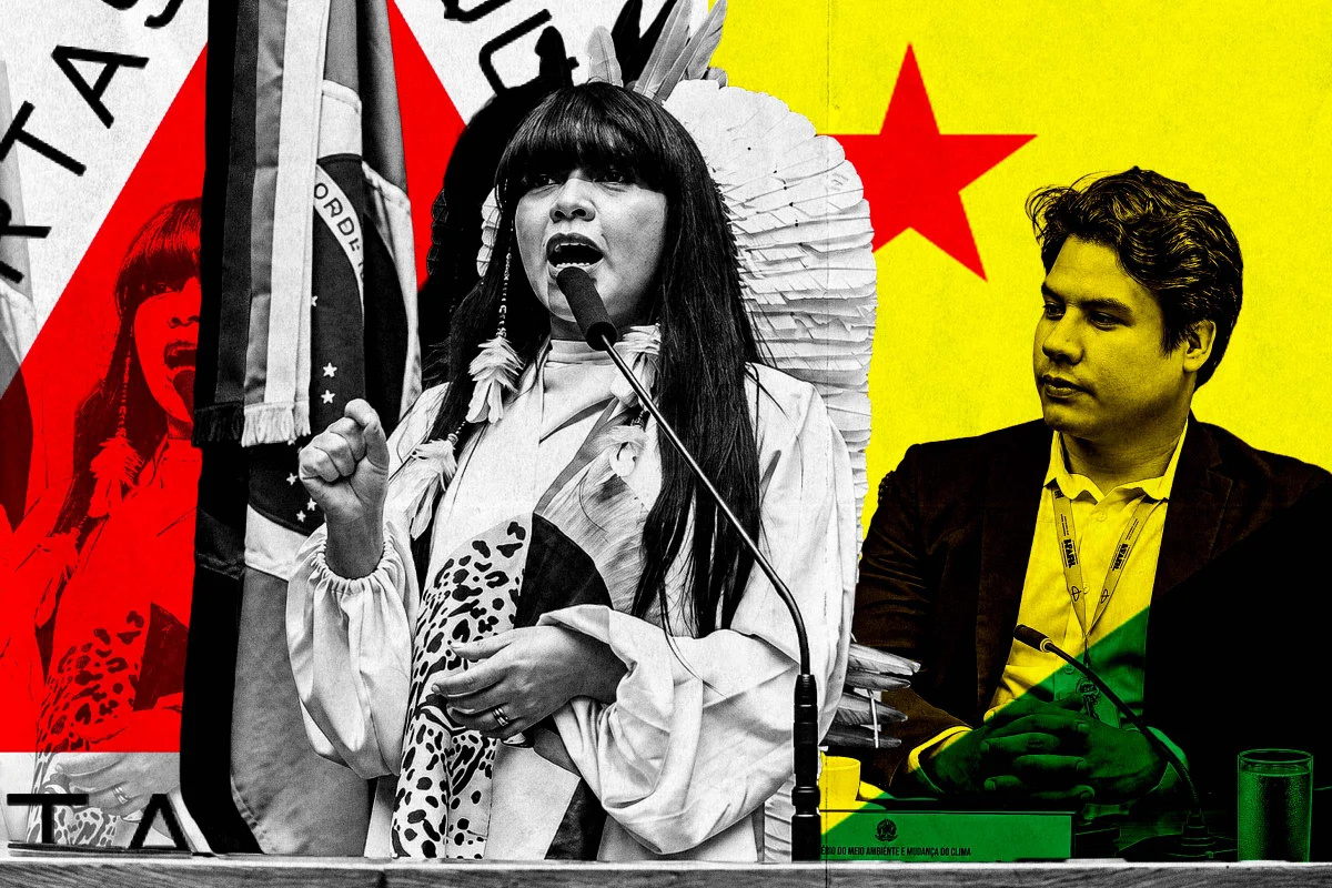 Imagem colorida mostra a deputada Célia Xakriabá e o chefe de gabinete dela | Metrópoles