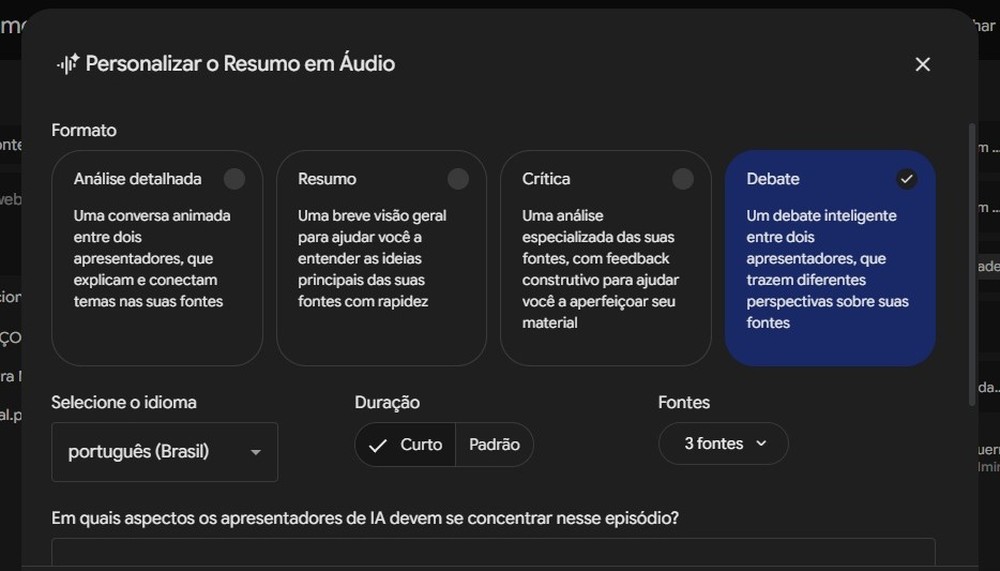 O Gemini Notebook pode gerar um resumo em áudio estilo podcast — Foto: Diedrich Bader/TechTudo