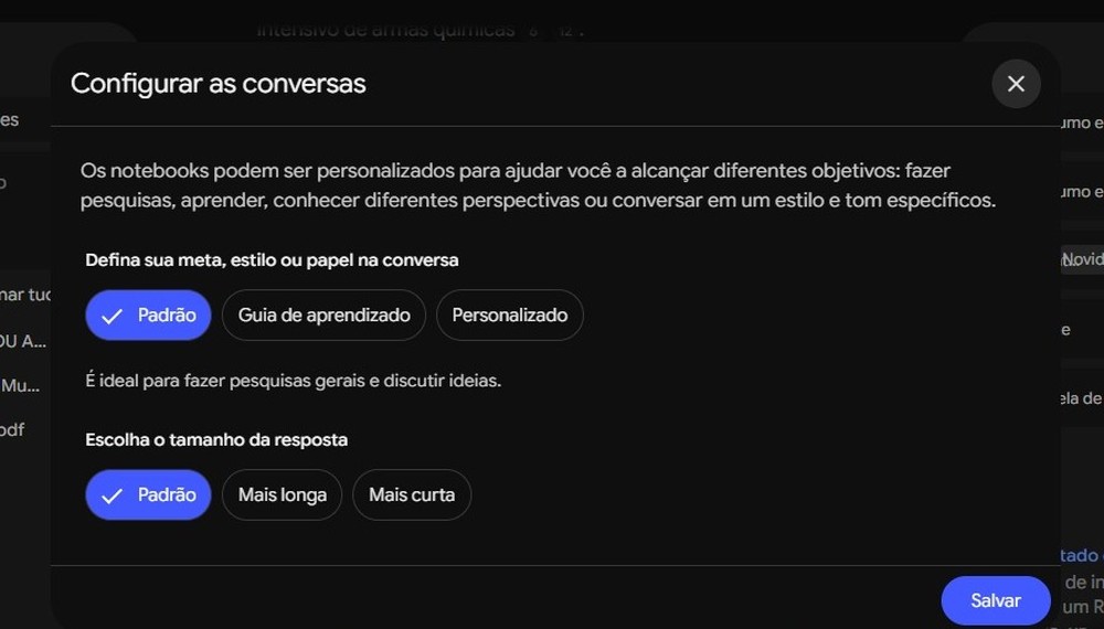 Indo além do prompt, é possível configurar o estilo da conversa no Gemini Notebook — Foto: Diedrich Bader/TechTudo